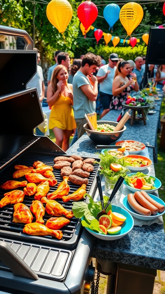 Delicious Barbecue Engagement Party Menu A festive outdoor barbecue engagement party with grilled meats and fresh salad on a table surrounded by happy guests.